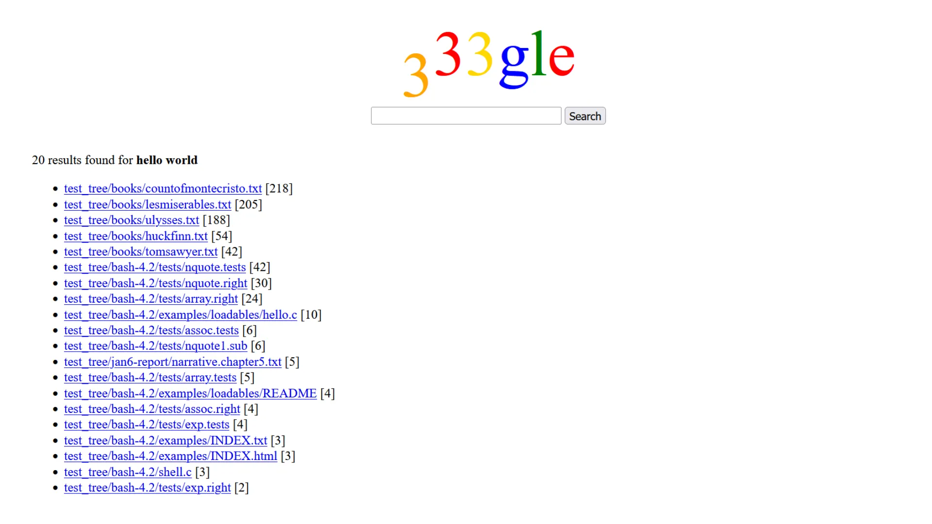 Homepage for 333gle: web interface for file explorer. The query is currently 'hello world' and shows a couple links related to the query hello world