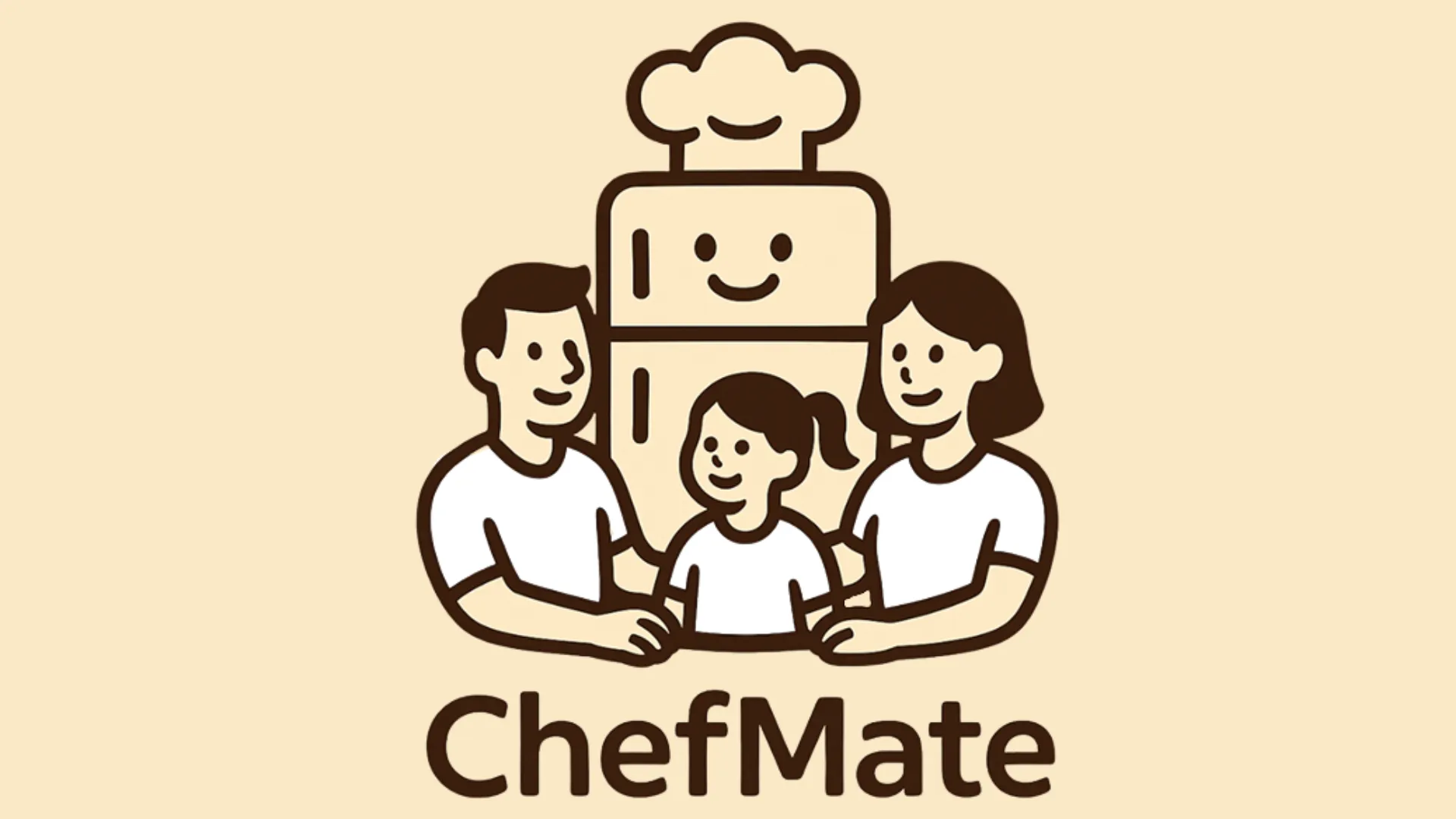 A mom, dad, and child in front of a refridgerator with a hat on beige background with ChefMate at the bottom