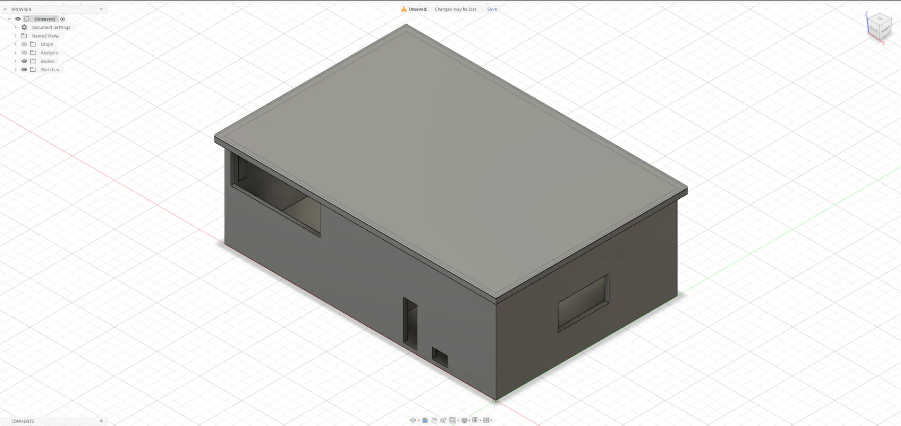 Enclosure CAD on a CAD interface. It is a simple box with holes for wires from the Raspberry Pi and STM32.