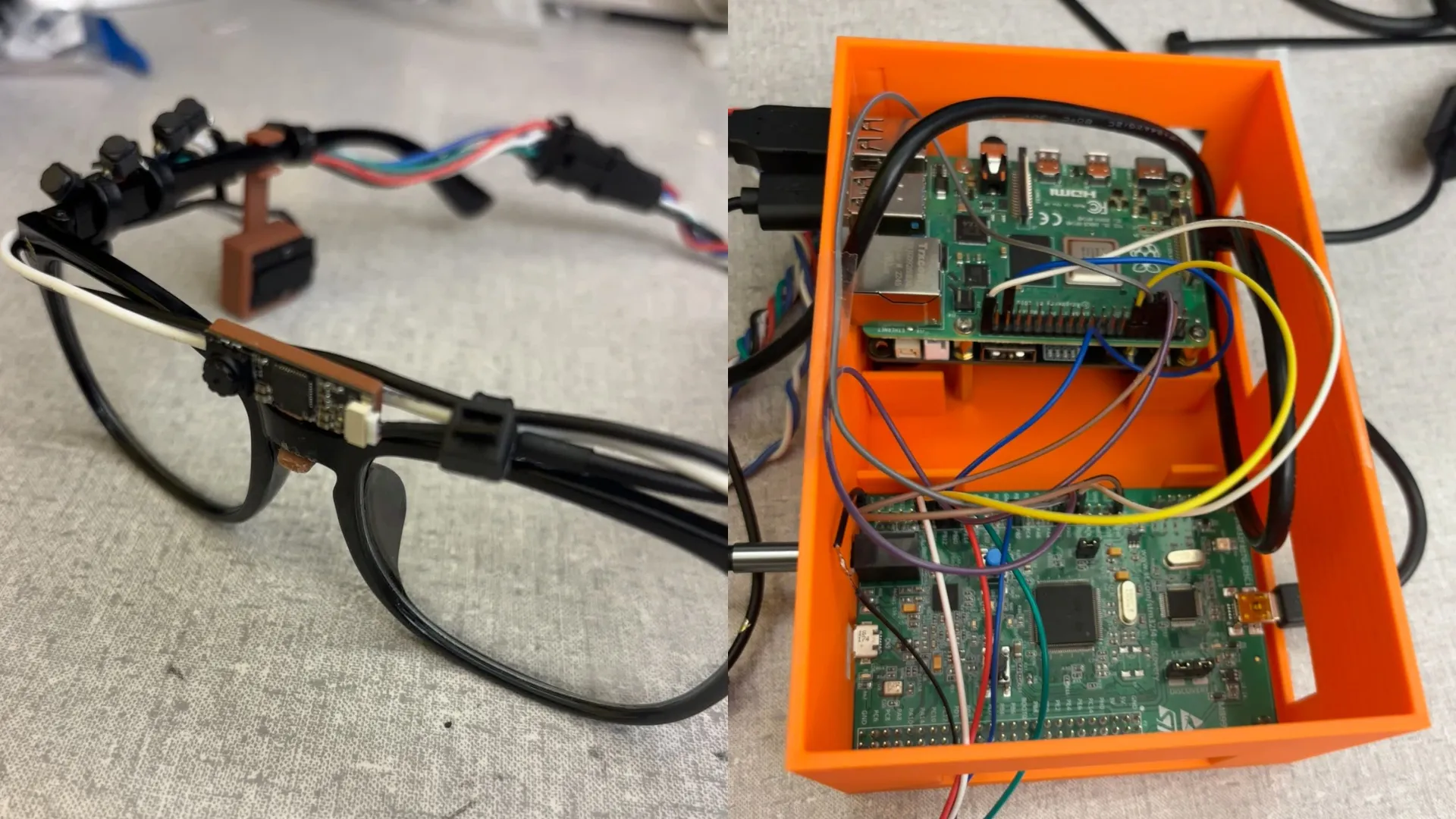 Collage of 2 images of the glasses, including the enclosure and the glasses with the camera and bone conduction speaker mounted on them.