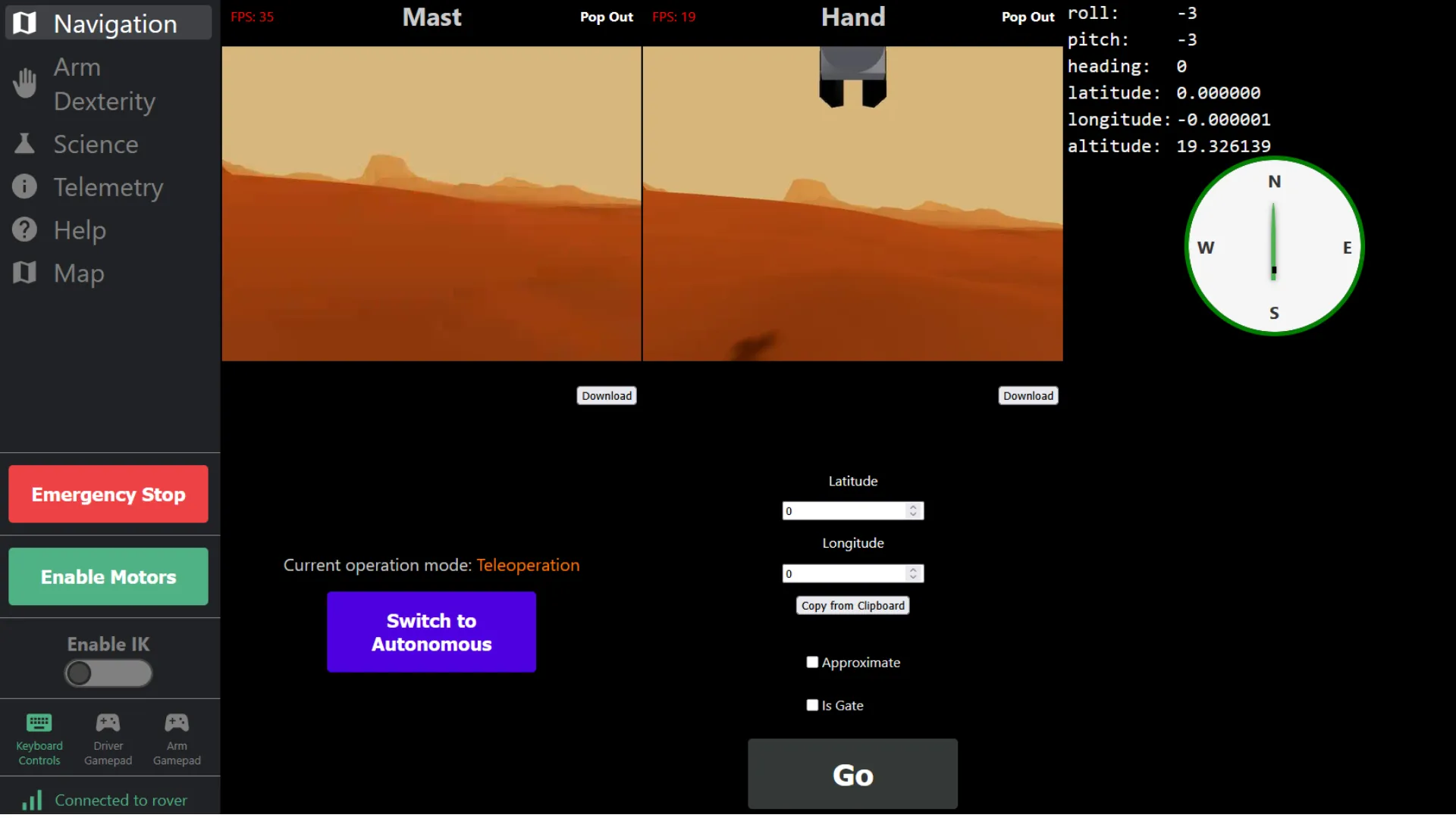 The main interface for the mission control