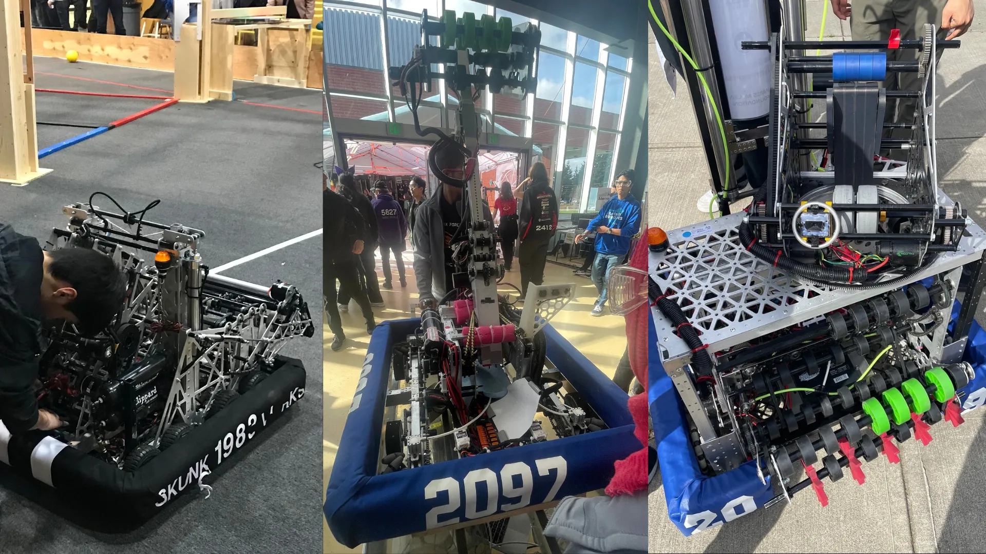 Collage of 3 different FIRST Robotics Competititon robots from 3 different years
